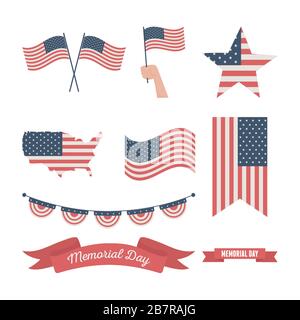 Happy Memorial Day, united States Flags different Shape Symbol Icons american Celebration Vector Illustration Stock Vektor