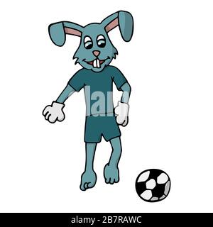 Kaninchen in einem Trainingsanzug startet einen Fußballball. Weißer Hintergrund isolierte Cartoon Stock Vector Illustration Stock Vektor