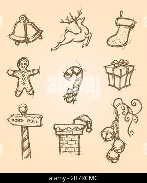 Skizzierte Weihnachten Set-Variation von handgezeichneten Objekten Weihnachten Thema Stock Vektor