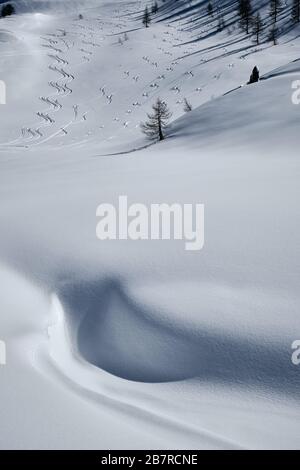 Vertikale Aufnahme eines bewaldeten Berges, der mit Schnee bedeckt ist Col de la Lombarde - Isola 2000 Frankreich Stockfoto