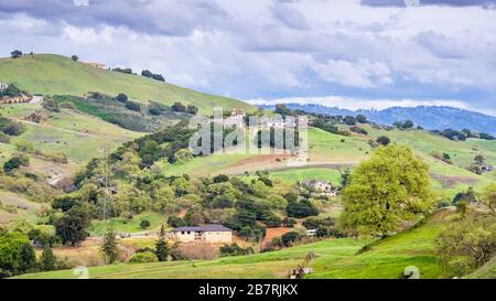 Frühlingslandschaft auf den Hügeln der südlichen Bucht von San Francisco; verstreute Häuser, die an den hängen gebaut wurden; San Jose, Santa Clara County, Kalifornien Stockfoto