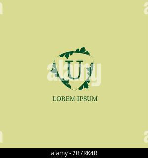 Die Vorlage für Buchstaben-U-Logo ist in grün-beigefarbener Farbe isoliert. Dekorative Schilderzeichnung mit Blumenmuster. Naturschutz, Sicherheitslogo Stock Vektor