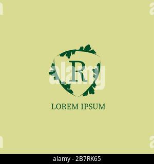 Buchstaben-R-Designvorlage mit alphabetischem Logo, isoliert in grün-beigefarbener Farbe. Dekorative Schilderzeichnung mit Blumenmuster. Naturschutz, Sicherheitslogo Stock Vektor