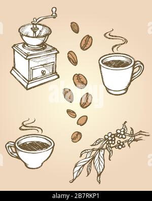 Coffee Sketch Set – handgezeichnete Designelemente im Kaffeethema Stock Vektor