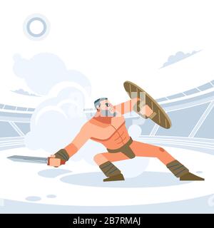 Gladiator. Der Krieger befindet sich in einer Schutzstellung. Vektor-isoliertes flaches Design Stock Vektor