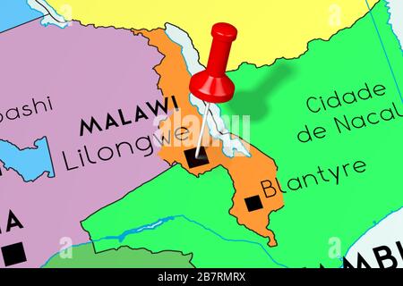 Republik Malawi, Lilongwe - Hauptstadt, auf politischer Karte festgesteckt Stockfoto