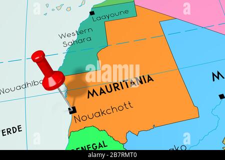 Mauretanien, Nouakchott - Hauptstadt, auf politischer Karte festgesteckt Stockfoto