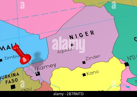 Niger, Niamey - Hauptstadt, auf politischer Karte festgesteckt Stockfoto