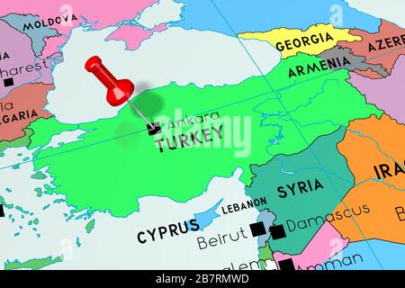 Türkei, Ankara - Hauptstadt, auf politischer Karte festgesteckt Stockfoto