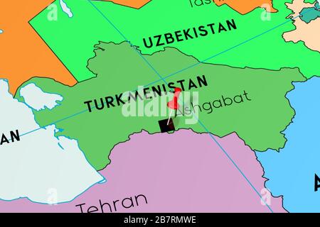 Turkmenistan, Ashgabat - Hauptstadt, auf politischer Karte festgesteckt Stockfoto