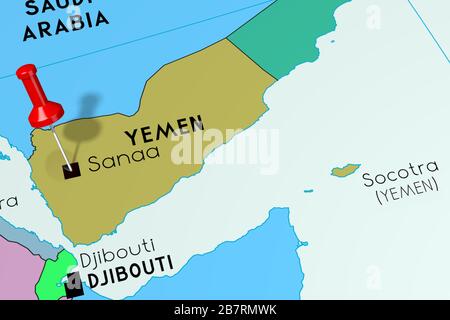 Jemen, Sanaa- Hauptstadt, auf politischer Karte festgesteckt Stockfoto