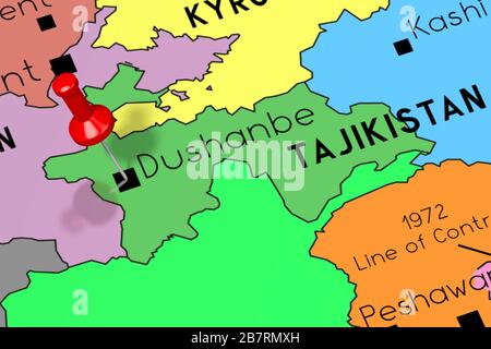Tadschikistan, Duschanbe - Hauptstadt, auf politischer Karte festgesteckt Stockfoto