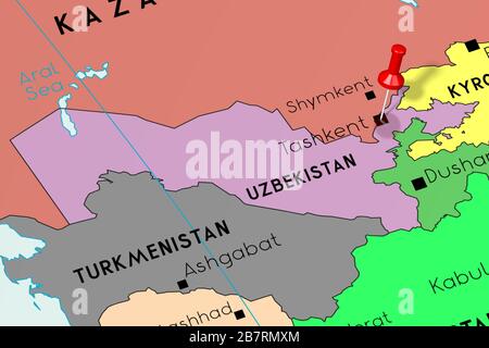 Usbekistan, Taschkent - Hauptstadt, auf politischer Karte festgesteckt Stockfoto