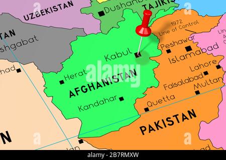 Afghanistan, Kabul - Hauptstadt, auf politischer Karte festgesteckt Stockfoto