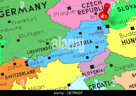 Österreich, Wien - Hauptstadt, auf politischer Karte festgesteckt Stockfoto