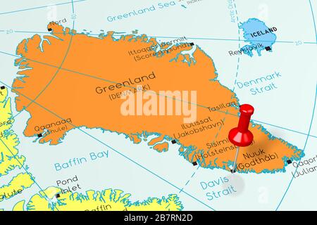 Politische Landkarte Grönland mit Hauptstadt Nuuk und ...