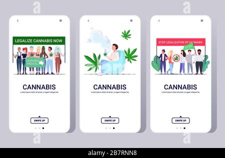 Set Mix Race Leute, die Protestplakate halten Mann rauchend Bong medizinisches Marihuana Cannabis Legalisierung Drogen Konsum Smartphone-Bildschirme Sammlung horizontale vollständige Vektordarstellung Stock Vektor