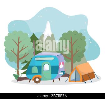 Camping Zelt Anhänger Wald Bäume Grün Cartoon Vektor Illustration Stock Vektor