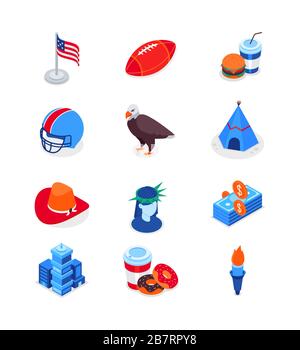 Besuchen Sie die USA - moderne, farbenfrohe isometrische Symbole Stock Vektor