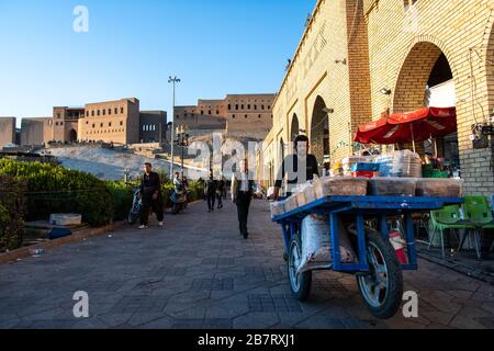 Irak, Iraq Kurdistan, Arbil, Erbil. Neben dem Park Shar schiebt ein Mann einen Rollwagen in die Mitte. Stockfoto