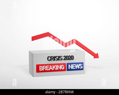 3D-Rendering: Aktuelle Krise 2020 auf weißem Hintergrund und abnehmender roter Pfeil Stockfoto