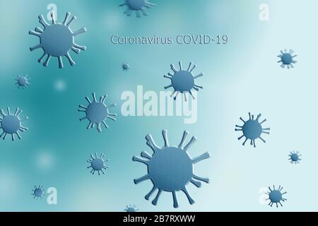 Makro-Nahaufnahme von COVID-19 Cronavirus auf blauem Hintergrund. Stockfoto