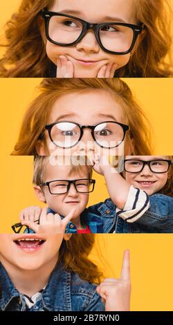 Collage von Kindern in Brillen, die sich vergreifen und unterschiedliche Emotionen zeigen, die auf Gelb isoliert sind Stockfoto