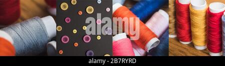 Collage aus bunten Baumwoll-Faden-Spulen und -Tuch, Nähkonzept Stockfoto