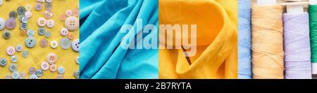 Collage aus bunten Baumwoll-Faden-Spulen und -Tuch, Nähkonzept Stockfoto