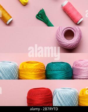 Collage aus bunten Baumwoll-Faden-Spulen isoliert auf pinkfarbenem Nähkonzept Stockfoto