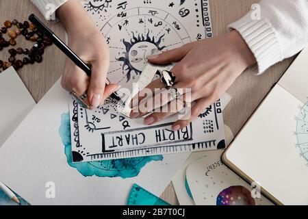 Draufsicht des Astrologers mit Geburtskarte mit Aquarellbildern von Tierkreiszeichen auf Karten auf dem Tisch Stockfoto