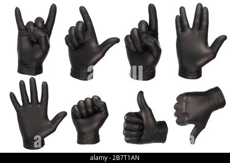 Verschiedene Handgesten in schwarzen Handschuhen Stockfoto