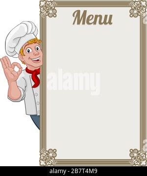 Koch Cook Baker Cartoon Man Menu Hintergrund Unterzeichnen Stock Vektor