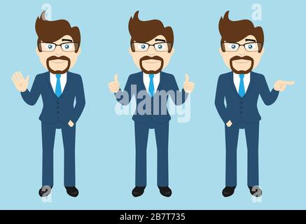 Satz desselben Geschäftsmannes in drei verschiedenen Posen: Winken, Daumen nach oben und zeigen. Stock Vektor