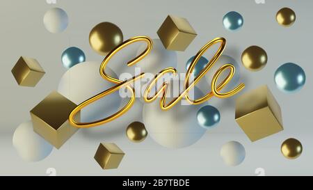 3D-Verkauf realistischer goldener Aufschrift. Hintergrund von Goldkugeln und Würfeln. Metallbeschriftung für Bannerdesign. Vorlage für Produkte, Werbung Stock Vektor