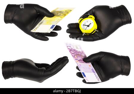 Hände in schwarzen Handschuhen halten Geld und Uhren Stockfoto