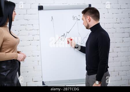 Der Typ, ein Geschäftsmann, ein Lehrer, ein Mentor, unterrichtet ein Fachmädchen, einen Schüler. Konzept des Arbeitstages Stockfoto