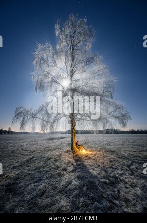 Stimmungsvolle Mondscheinlandschaft mit frostigen Bäumen und sitzenden Menschen in der Winternacht auf dem Land, Finnland Stockfoto