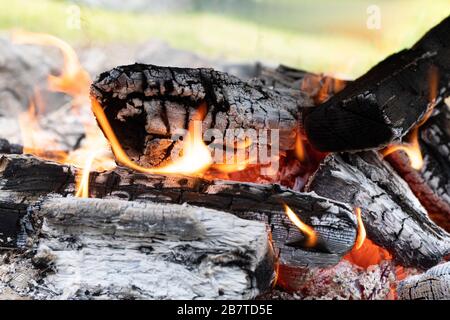 Lagerfeuer mit brennendem Brennholz im Vordergrund Nahaufnahme. Stockfoto
