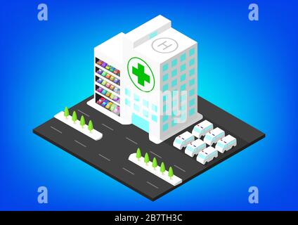 Isometrisches Krankenhausgebäude mit Parkplatz, Vektorgrafik Stock Vektor