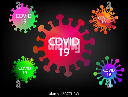 Bunte Covid-19-Virus-Symbole und -Symbol auf schwarzer Vektorgrafik Stock Vektor