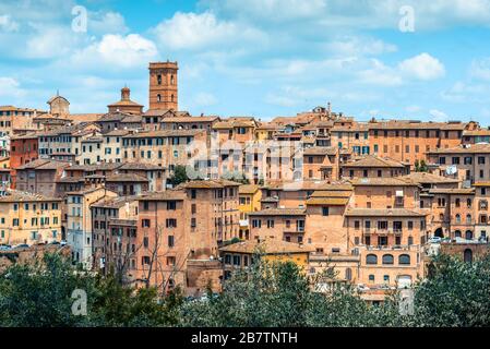 Die Skyline eines dicht bebauten Abschnitts des historischen Zentrums von einem Weg in der Nähe von Monastero di Sant'Agostino, Siena, Toskana, Italien, im Mai. Stockfoto