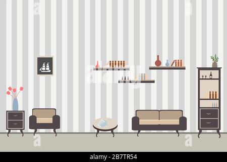 Die Einrichtung des Zimmers ist mit Möbeln mit einer Couch-Kommode und Büchern gegen die gestreifte graue Wand ausgestattet Stock Vektor