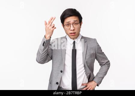 Taillen-Up-Portrait des ernsthaft aussehenden enttäuschten jungen asiatischen Geschäftsmannes beschwert sich, missbilligt schlechtes Projekt, unproduktive Arbeit, scolding Mitarbeiter Stockfoto