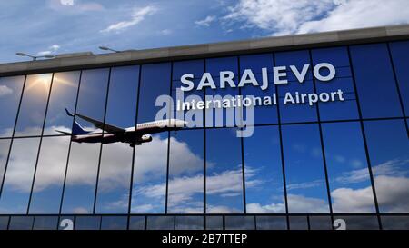 Jet Aircraft Landing in Sarajevo, Bosnien und Herzegowina, BH, BiH 3D Rendering Illustration. Ankunft im Flughafenterminal der Stadt und Reflexion des Th Stockfoto