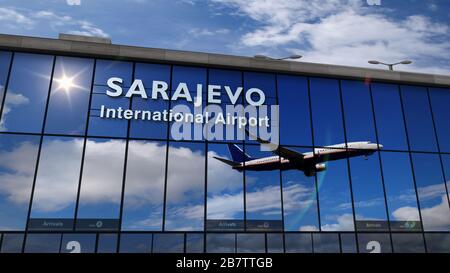 Jet Aircraft Landing in Sarajevo, Bosnien und Herzegowina, BH, BiH 3D Rendering Illustration. Ankunft im Flughafenterminal der Stadt und Reflexion des Th Stockfoto