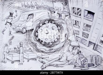 Abbildung: COVID 19 Virion-Teilchen und seine Auswirkungen Stockfoto