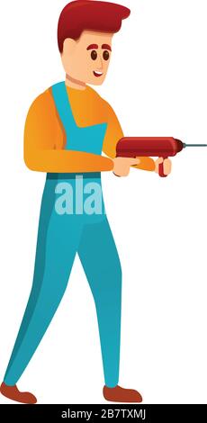 Techniker mit Bohrsymbol. Cartoon des Ingenieurs mit Symbol für Bohrervektor für Webdesign isoliert auf weißem Hintergrund Stock Vektor