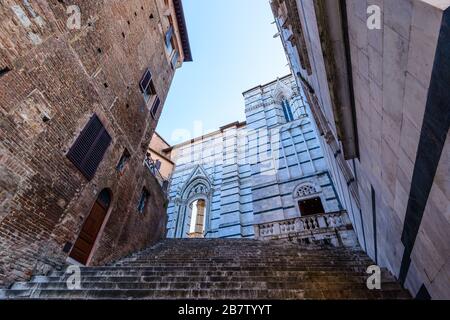 Steile Steinstufen, die zum Dom Santa Maria Assunta (Dom di Siena) in Siena, Toskana, Italien führen. Stockfoto