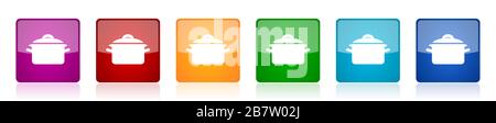 Cook-Symbolsatz, farbenfrohe, quadratische, glänzende Vektorgrafiken in 6 Optionen für Web-Design und mobile Anwendungen Stock Vektor